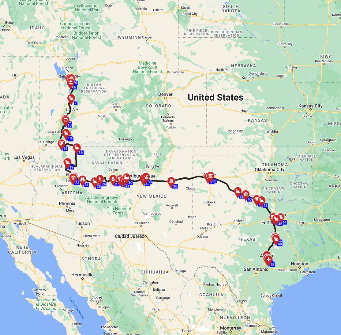 Map for Salt Lake City to Austin - Through the Heart of America